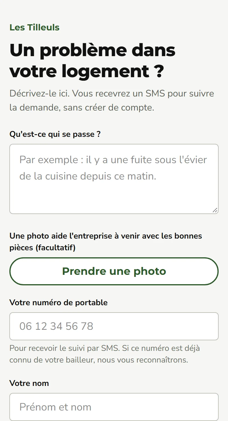 Page de dépôt d'une demande sur téléphone, ouverte depuis le QR code du hall.