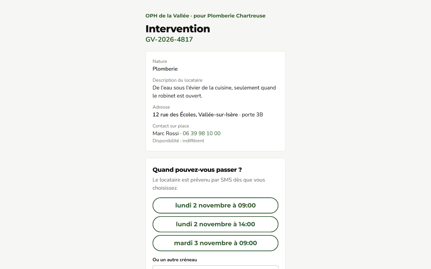 Page ouverte par l'entreprise depuis son lien : l'intervention et les créneaux à choisir.