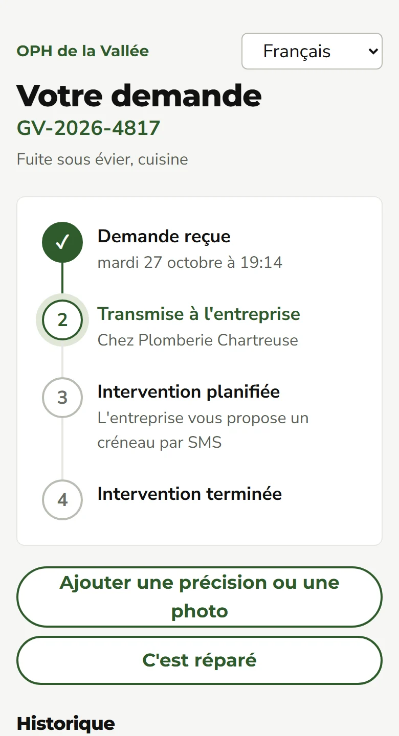 La page de suivi d'une demande, sur téléphone
